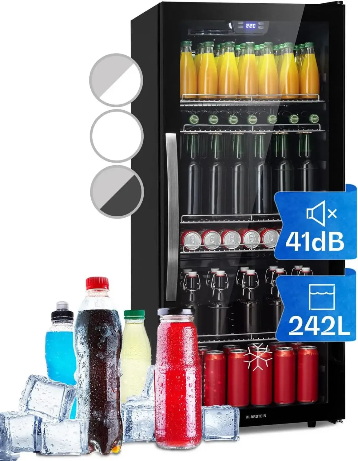 Klarstein Kompakter Glastür-Kühlschrank, Leiser Getränkekühler mit Anpassbaren Ablagen, 242 Liter Mini-Kühlschrank für Innen und Außen